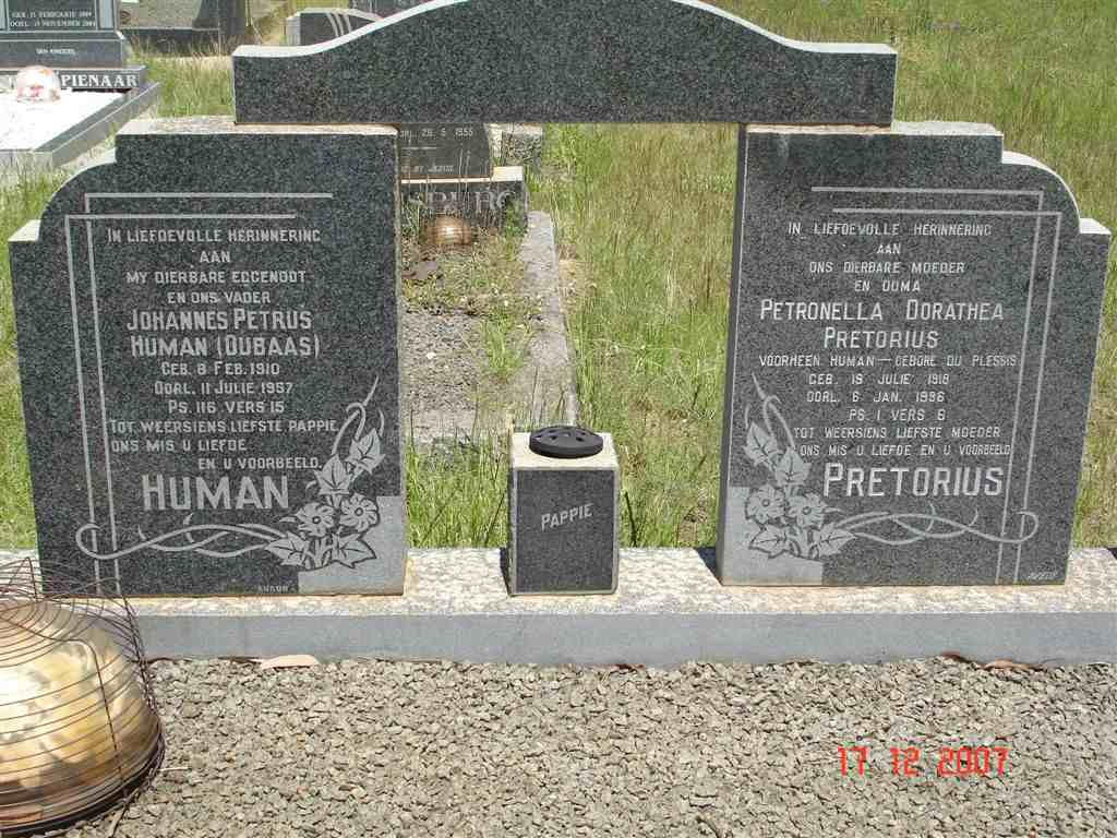 HUMAN Johannes Petrus 1910-1957 &amp; Petronella Dorothea PRETORIUS nee DU PLESSIS 1918-1996