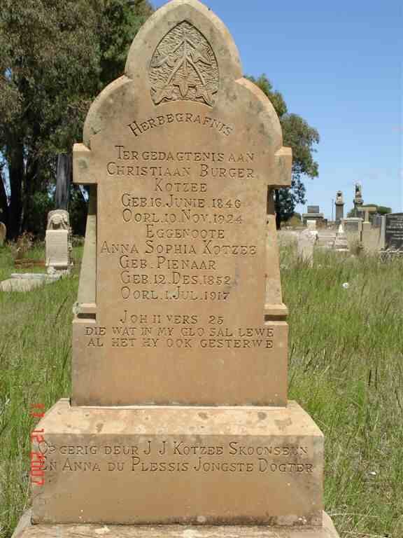 KOTZEE Christiaan Burger 1846-1924 &amp; Anna Sophia PIENAAR 1852-1917