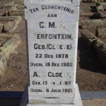 CLOETE A.G. 1882-1901 :: SERFONTEIN C.M.E. nee CLOETE 1878-1900