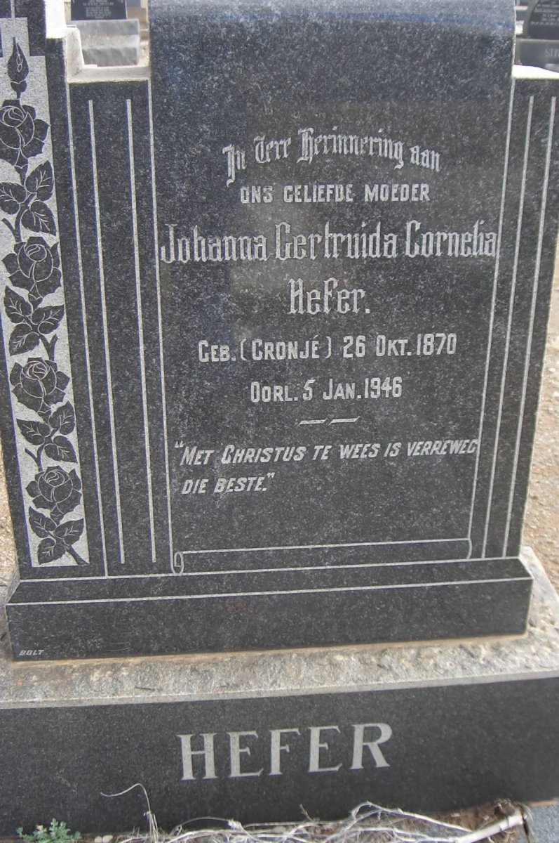 HEFER Johanna Gertruida Cornelia nee CRONJÉ 1870-1946