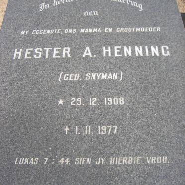 HENNING Hester A. nee SNYMAN 1908-1977