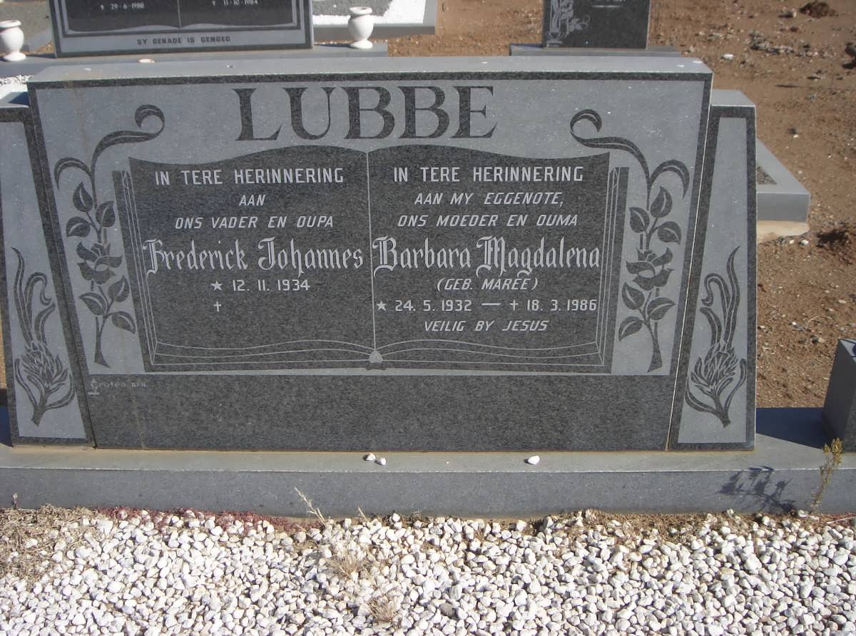 LUBBE Frederick Johannes 1934- &amp; Barbara Magdalena MAREE 1932-1986
