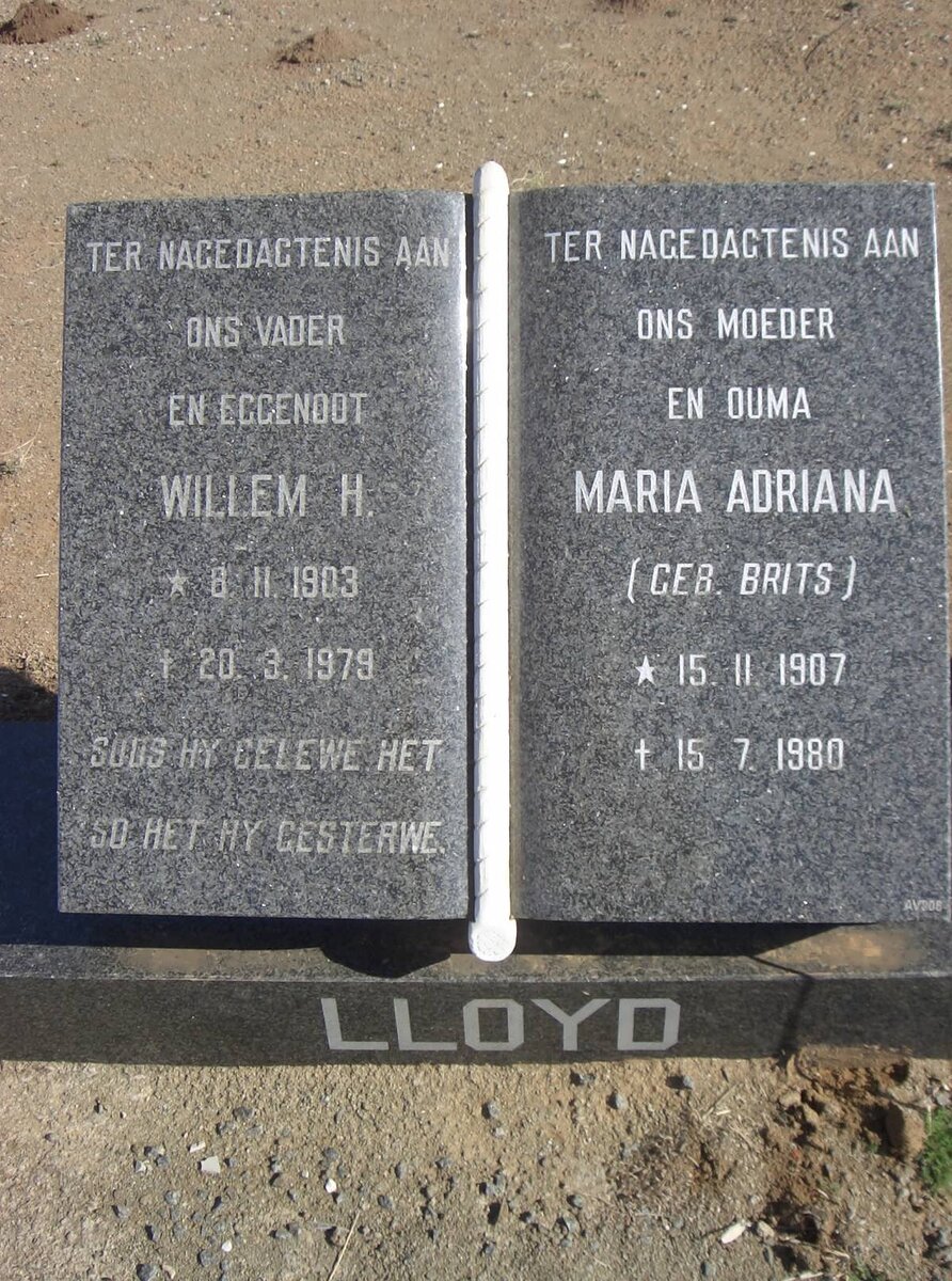 LLOYD Willem H. 1903-1979 &amp; Maria Adiana BRITS 1907-1980