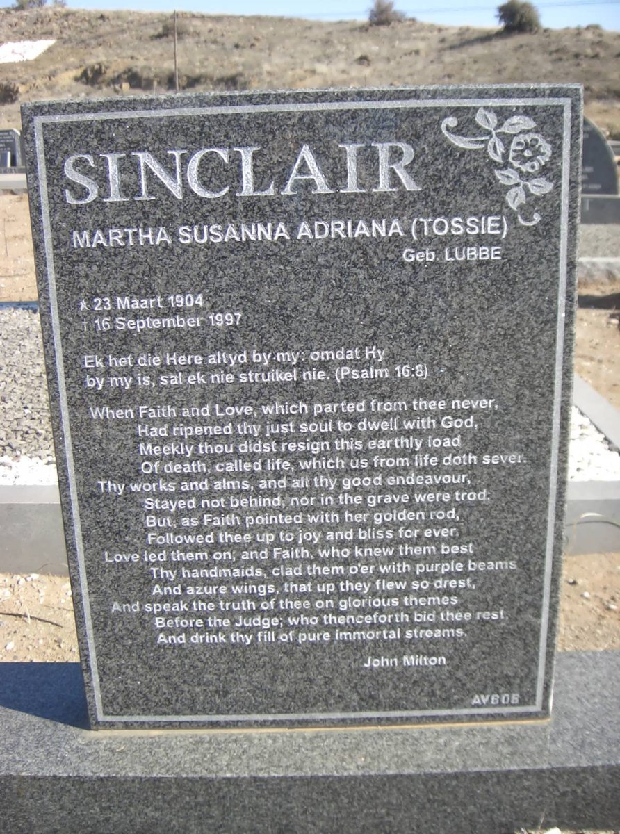 SINCLAIR Martha Susanna Adriana nee LUBBE 1904-1997