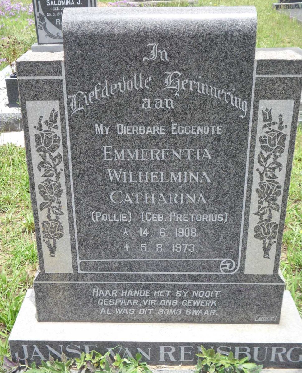 RENSBURG Emmerentia Wilhelmina Catharina, Janse van nee PRETORIUS 1908-1973