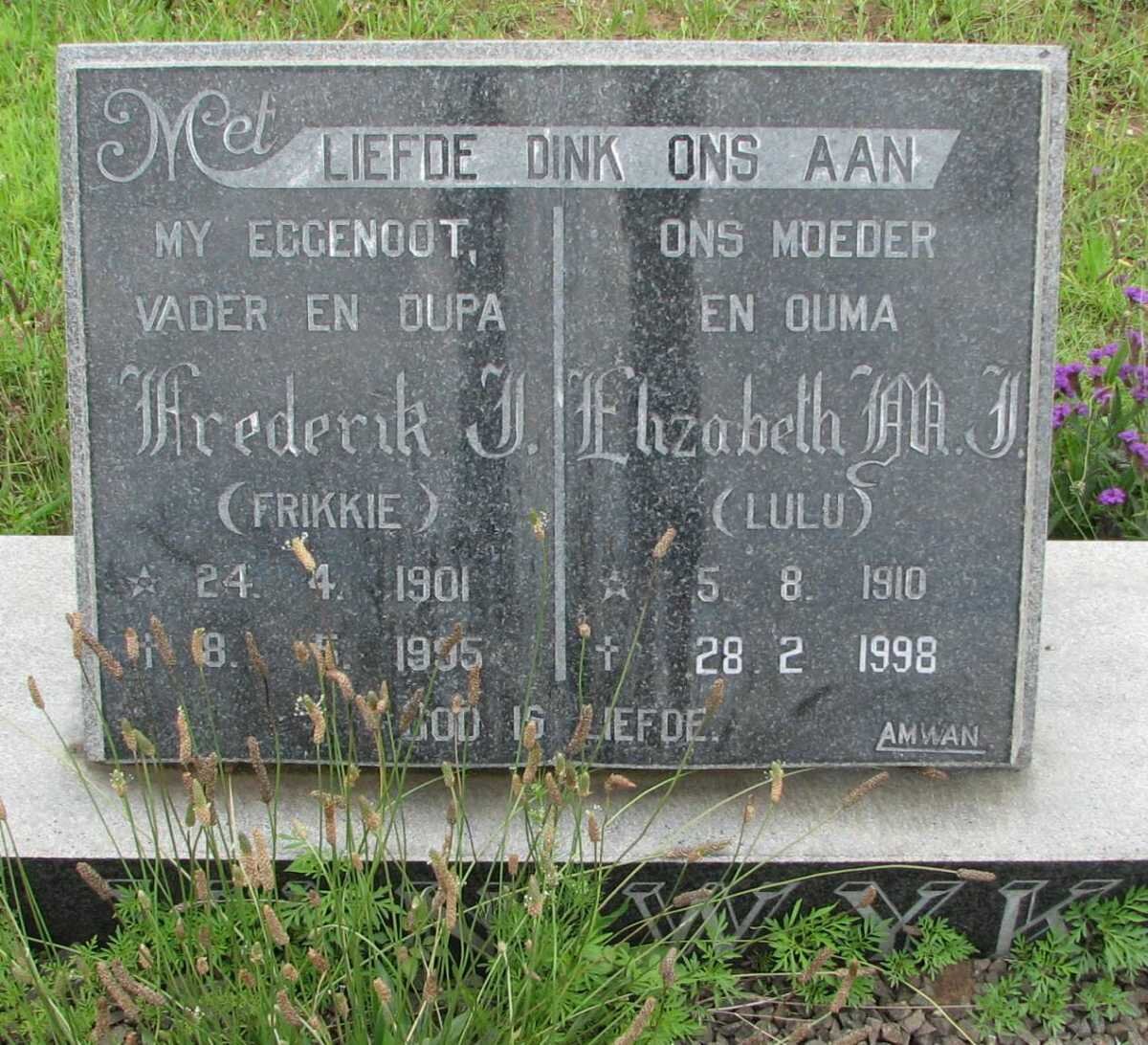 WYK Frederik J., van 1901-1995 &amp; Elizabeth M.J. 1910-1998