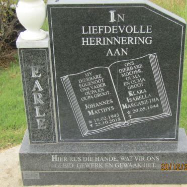 EARLE Johannes Matthys 1943-2018 &amp; Klara Isabella Margarietha 1944-