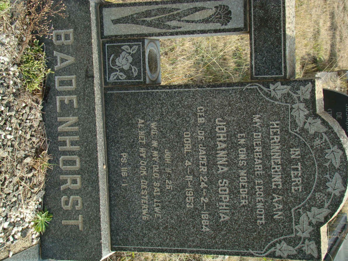 BADENHORST Johanna Sophia nee DE JAGER 1884-1953