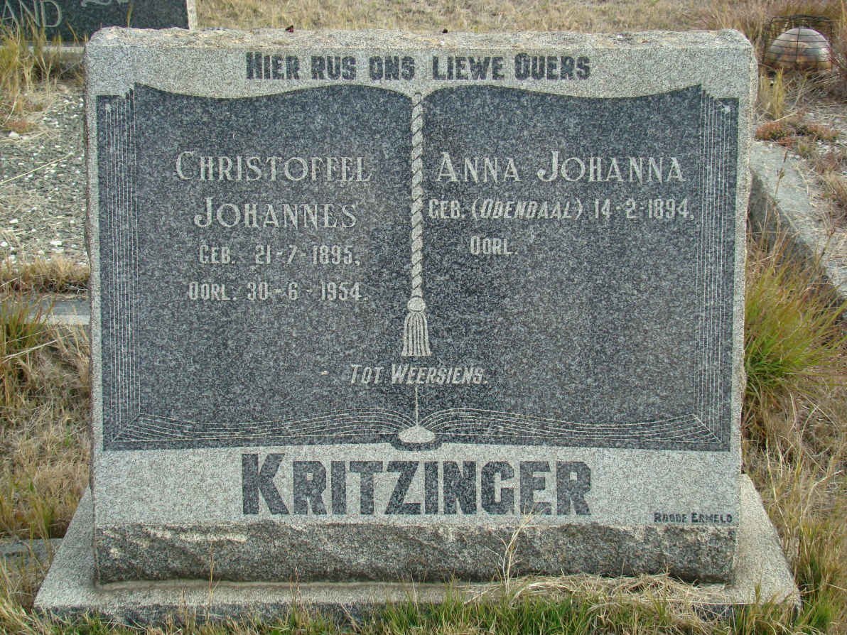 KRITZINGER Christoffel Johannes 1895-1954 &amp; Anna Johanna ODENDAAL 1894-