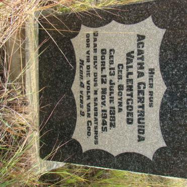 VALLENTGOED Agatha Gertruida nee BOTHA 1882-1945