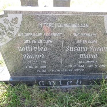 GRIEB Gottfried Eduard 1925-1999 & Susara Susanna Maria MARX 1944-2013
