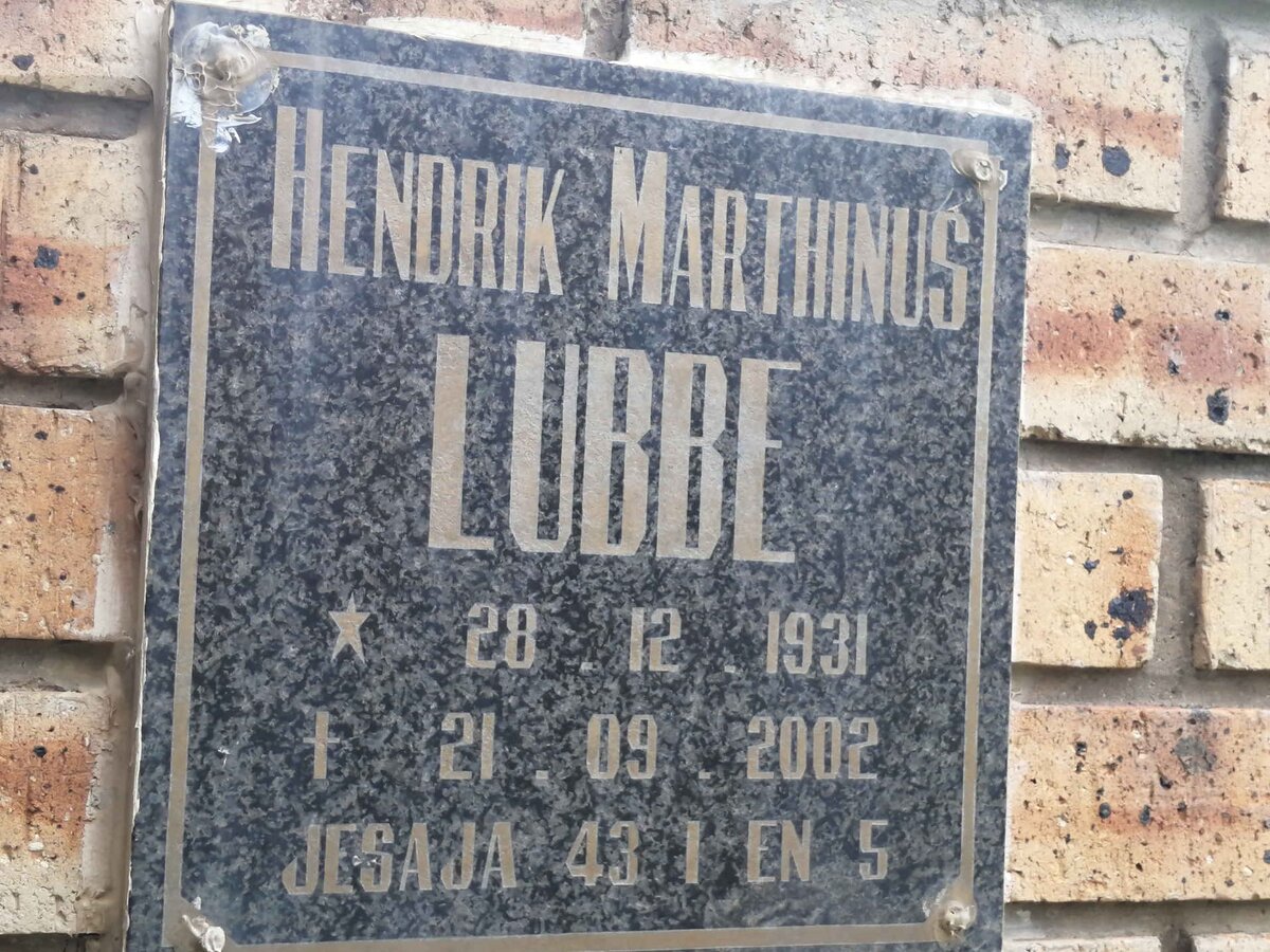 LUBBE Hendrik Marthinus 1931-2002