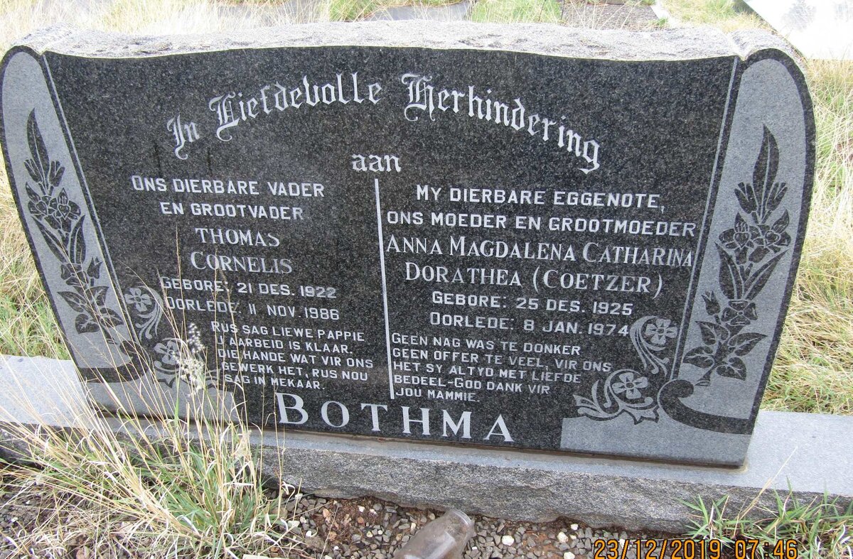 BOTHMA Thomas Cornelis 1922-1986 &amp; Anna Magdalena Catharina Dorathea COETZER 1925-1974