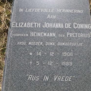 CONING Elizabeth Johanna, de voorheen HEINEMANN nee PRETORIUS 1906-1989