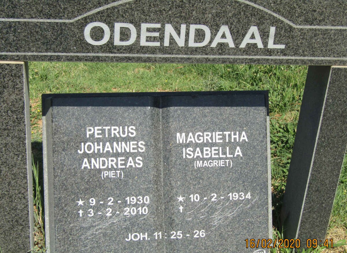 ODENDAAL Petrus Johannes Andreas 1930-2010 &amp; Magrietha Isabella 1934-
