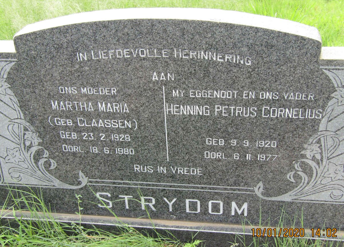 STRYDOM Henning Petrus Cornelius 1920-1977 &amp; Martha Maria CLAASSEN 1928-1980