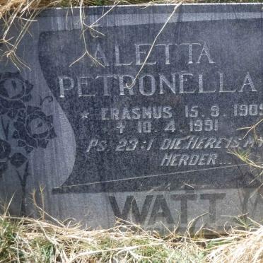 WATT Aletta Petronella nee ERASMUS 1909-1991