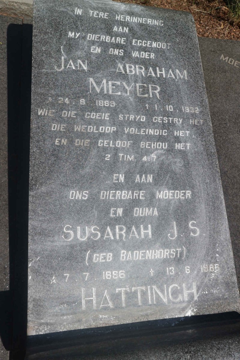 HATTINGH Jan Abraham Meyer 1889-1932 &amp; Susarah J.S. BADENHORST 1886-1986
