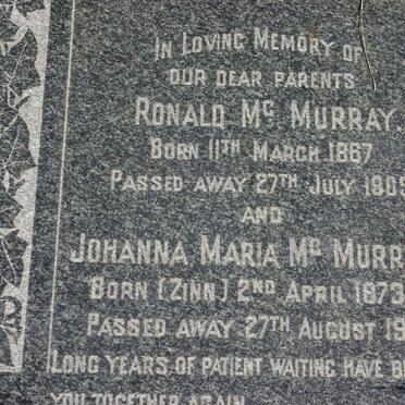 Mc MURRAY Ronald 1867-1909 &amp; Johanna Maria ZINN 1873-1942