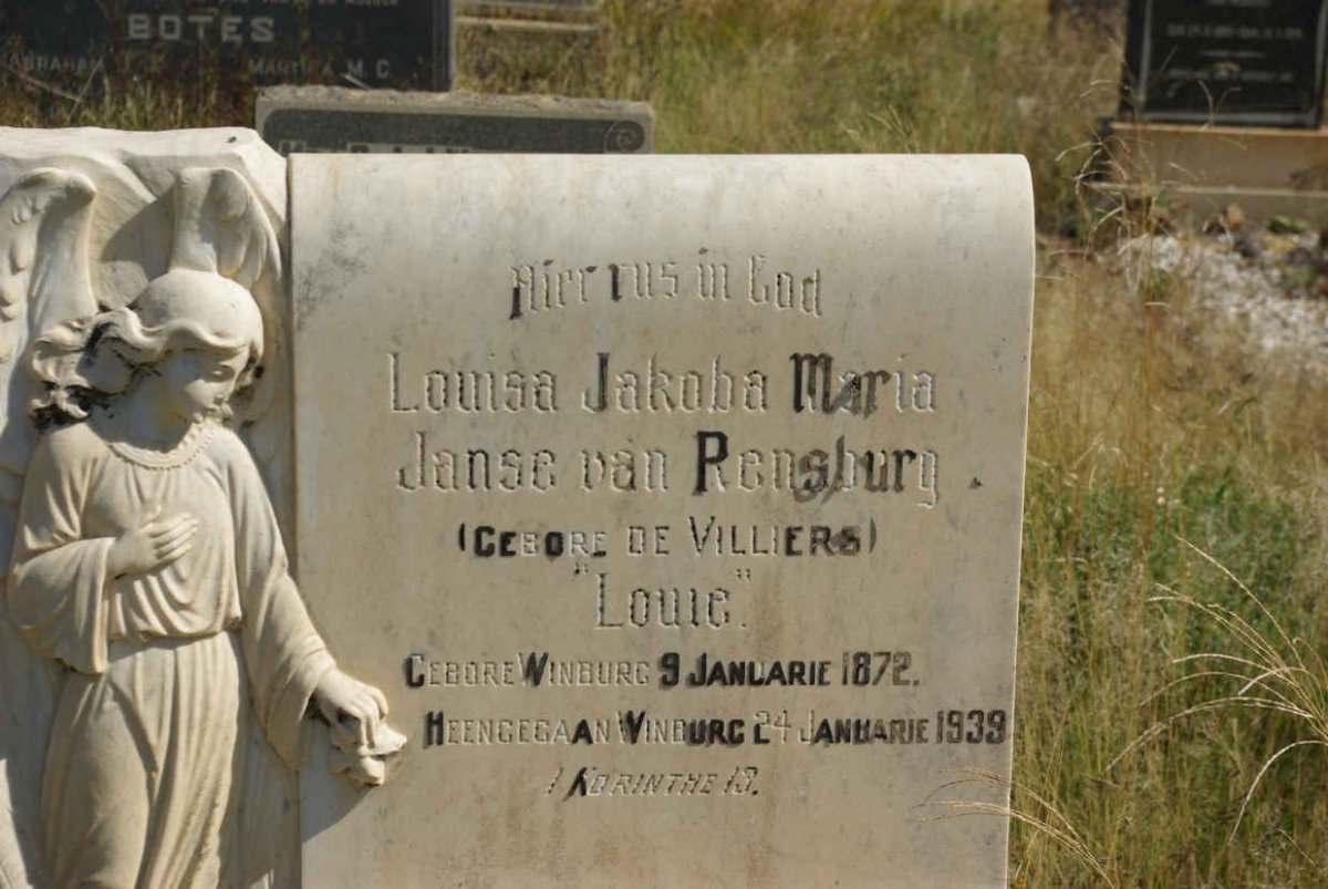 RENSBURG Louisa Jakoba Maria, Janse van nee DE VILLIERS 1872-1939 