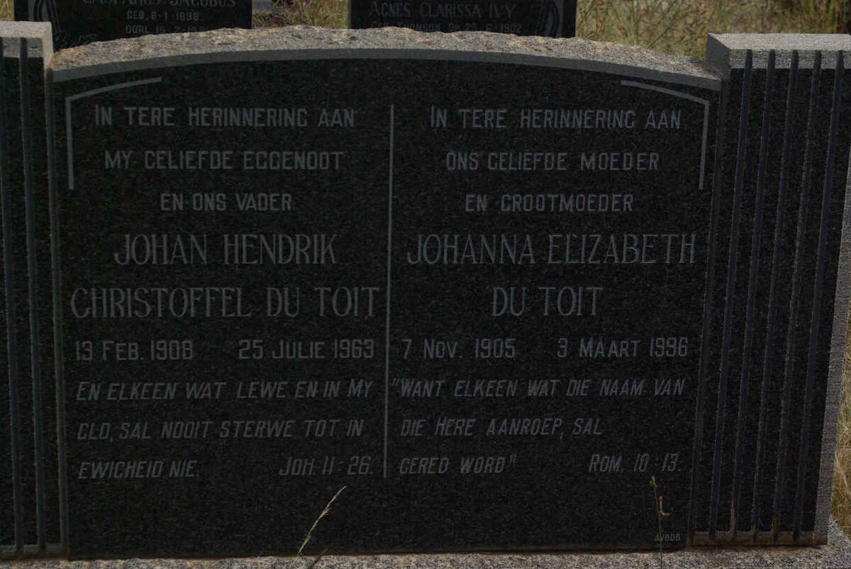 TOIT Johan Hendrik Christoffel, du 1908-1963 &amp; Johanna Elizabeth 1905-1996