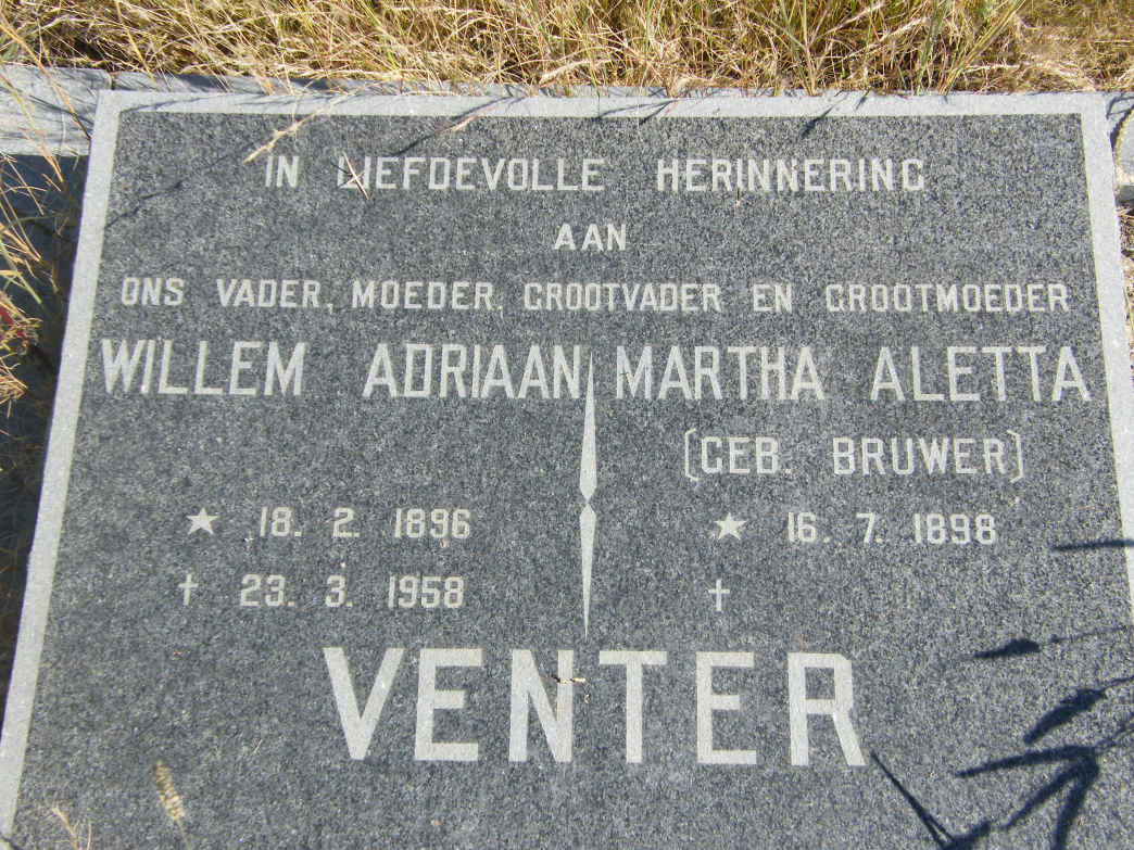 VENTER Willem Adriaan 1896-1958 &amp; Martha Aletta BRUWER 1898-