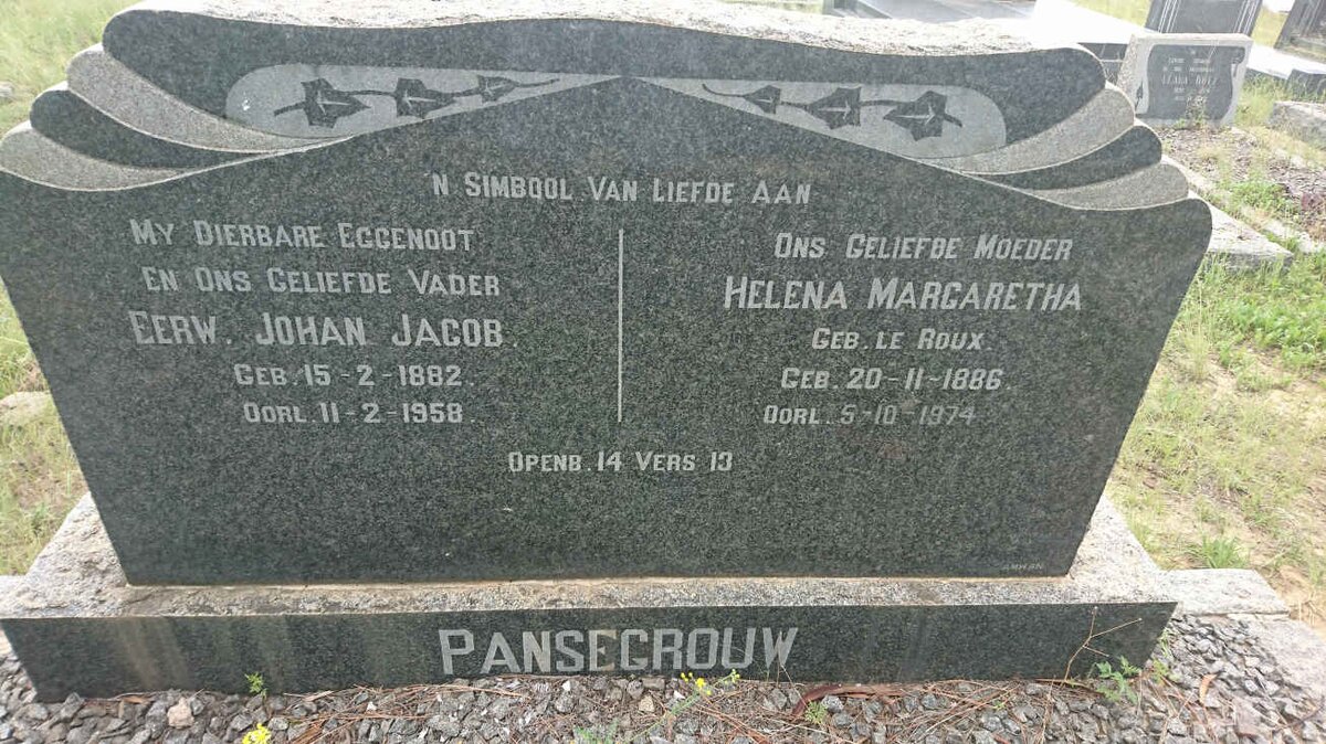 PANSEGROUW Johan Jacob 1882-1958 &amp; Helena Margaretha LE ROUX 1886-1974