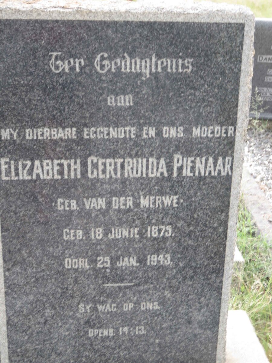 PIENAAR Elizabeth Gertruida nee VAN DER MERWE 1875-1943