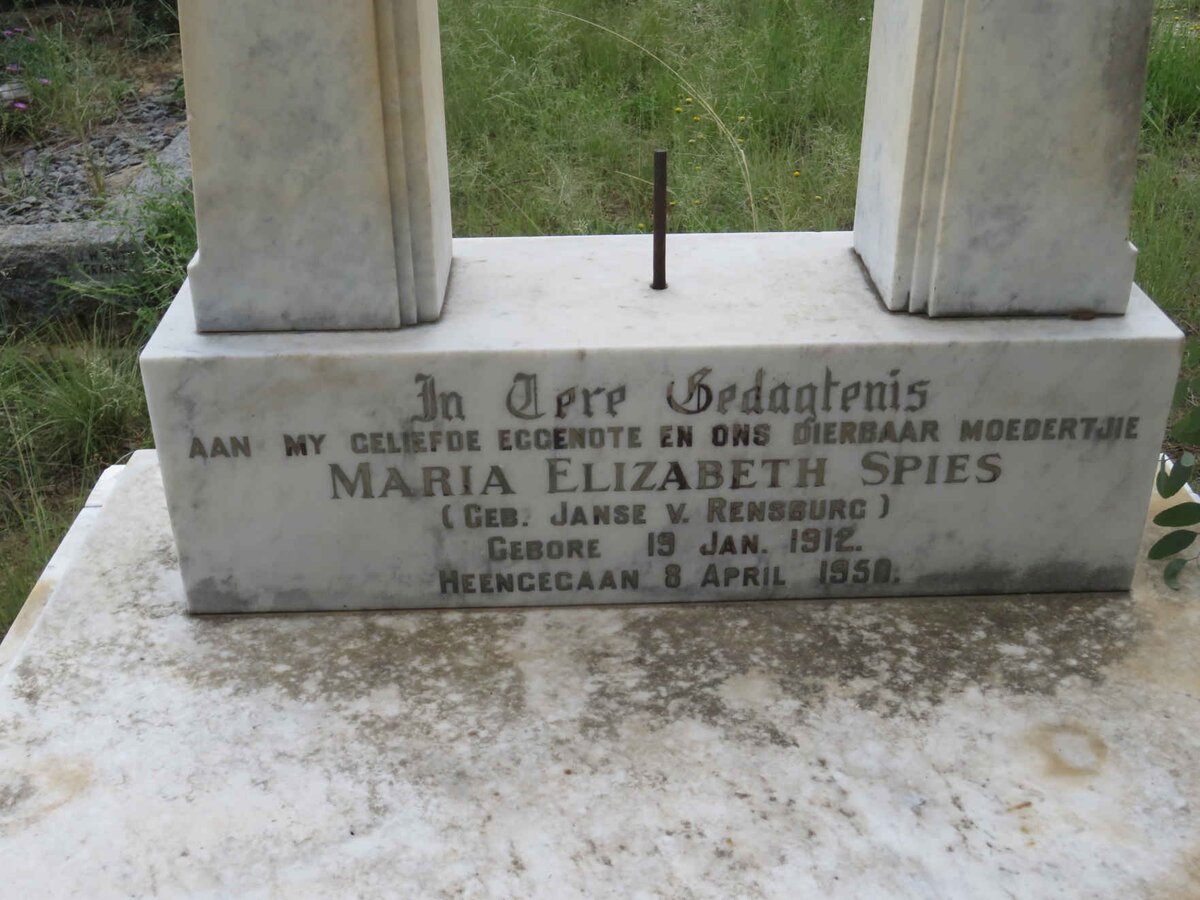 SPIES Maria Elizabeth nee JANSE V. RENSBURG 1912-1950