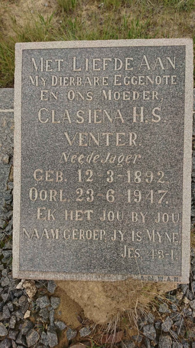 VENTER Clasiena H.S. nee DE JAGER 1892-1947