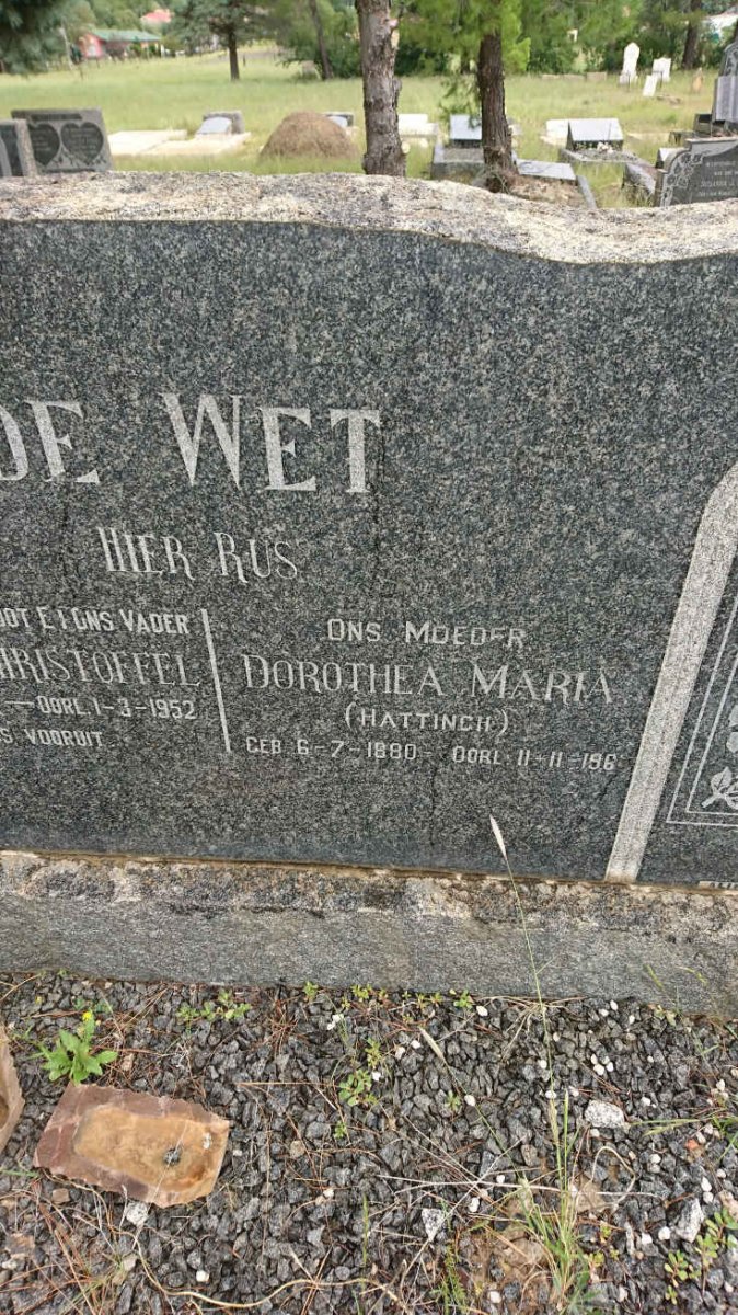 WET Christoffel, de -1952 &amp; Dorothea Maria HATTINGH 1880-196?