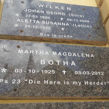 WILKEN Johan Georg 1930-2009 &amp; Aletta Susanna 1932- :: BOTHA Martha Magdalena 1925-2012