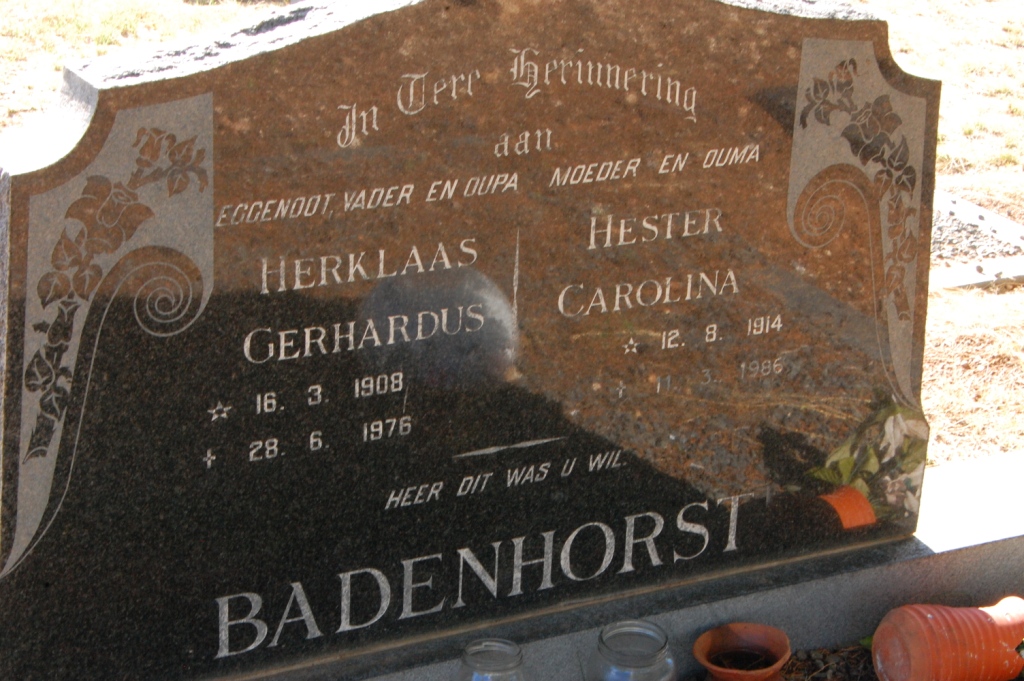 BADENHORST Herklaas Gerhardus 1908-1976 &amp; Hester Carolina 1914-1986