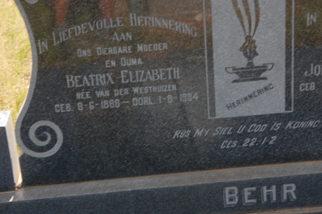 BEHR Beatrix Elizabeth nee VAN DER WESTHUIZEN 1888-1984