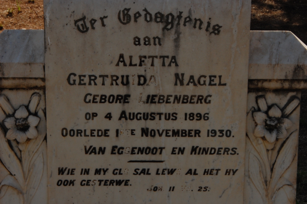 NAGEL Aletta Gertruida nee LIEBENBERG 1896-1930