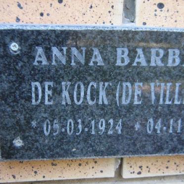 KOCK Anna Barbara, de nee DE VILLIERS 1924-2008