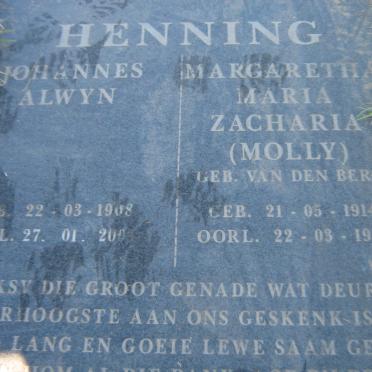HENNING Johannes Alwyn 1908-2003 &amp; Margaretha Maria Zacharia VAN DEN BERG 1914-1997