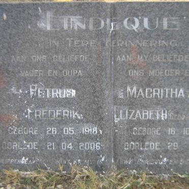 LINDEQUE Petrus Frederik 1918-1906 &amp; Magritha Alida Elizabeth TAYLOR 1929-1986