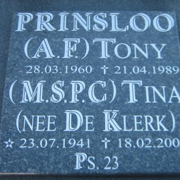 PRINSLOO M.S.P.C. nee DE KLERK 1941-2000 :: PRINSLOO A.F. 1960-1989