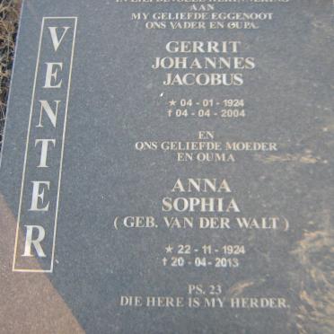 VENTER Gerrit Johannes Jacobus 1924-2004 &amp; Anna Sophia VAN DER WALT 1924-2013