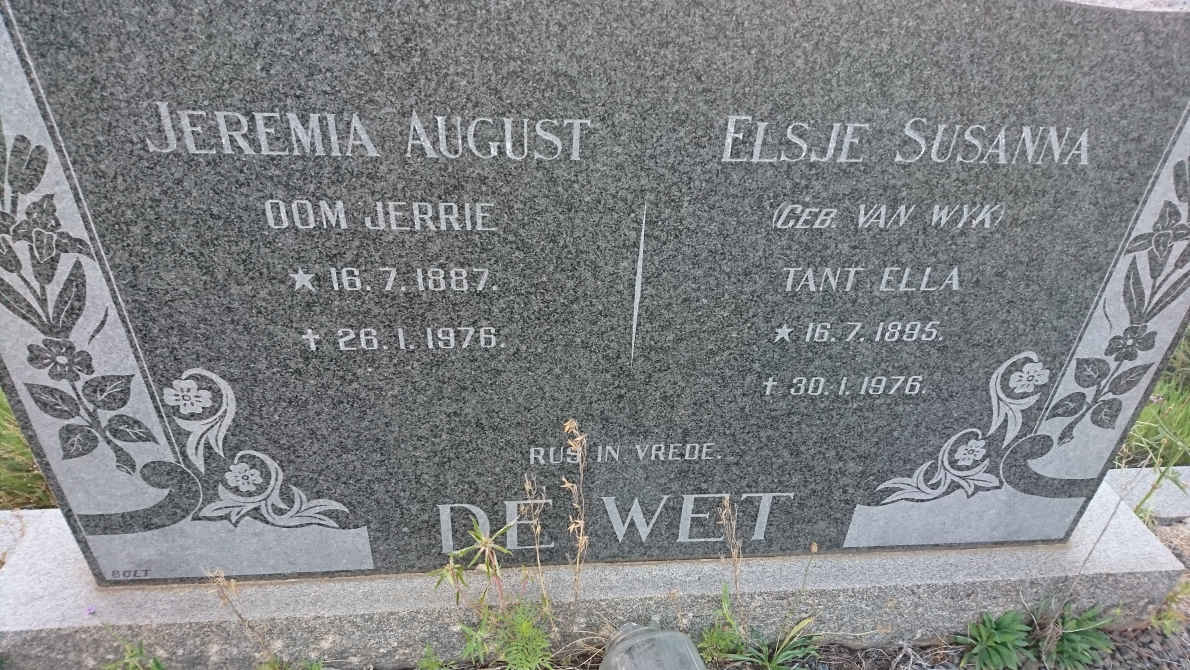 WET Jeremia August, de 1887-1976 &amp; Elsje Susanna VAN WYK 1895-1976