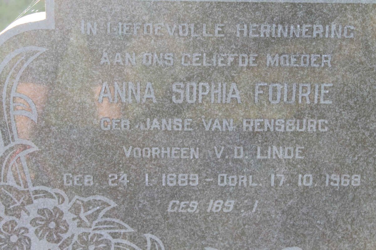 FOURIE Anna Sophia voorheen V.D. LINDE nee JANSE VAN RENSBURG 1889-1968