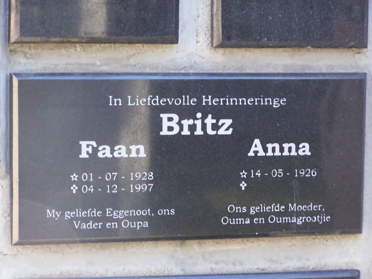 BRITZ Faan 1928-1997 &amp; Anna 1926-