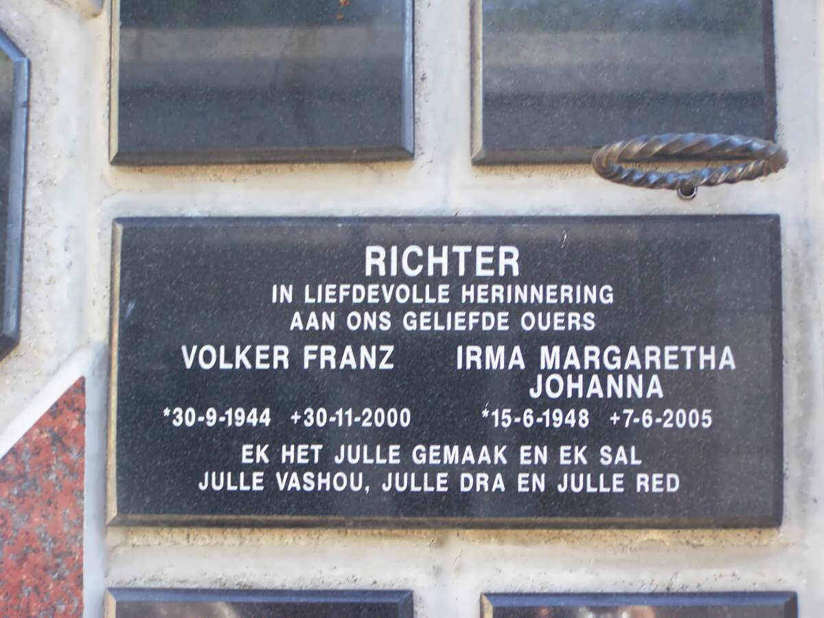 RICHTER Volker Franz 1944-2000 &amp; Irma Johanna Margaretha 1948-2005