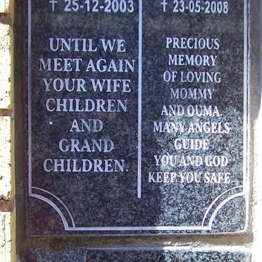 RHODA James Edgar 1940-2003 &amp; Maureen Shirley 1938-2008 :: VORSTER Nicolaas Jacobus 1950-2003