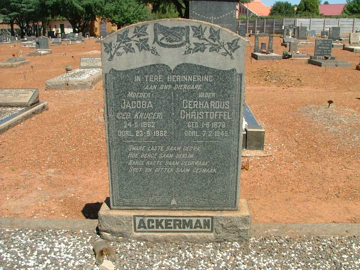ACKERMAN Gerhardus Christoffel 1878-1945 &amp; Jacoba KRUGER 1882-1962