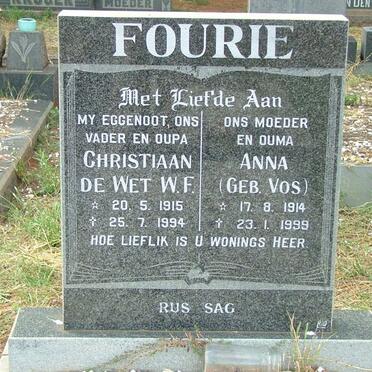 FOURIE Christiaan De Wet W.F. 1915-1994 &amp; Anna VOS 1914-1999