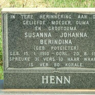 HENN Susanna Johanna Berdina nee POTGIETER 1910-1982