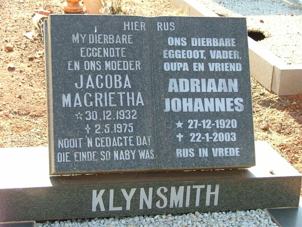 KLYNSMITH Adriaan Johannes 1920-2003 &amp; Jacoba Magrietha 1932-1975