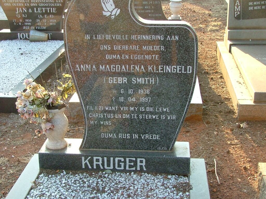 KRUGER Anna Magdalena Kleingeld nee SMITH 1936-1997